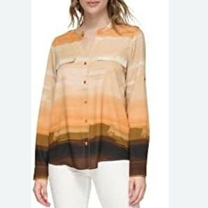 Calvin Klein Orange Cream Brown Gradient Button-Up Blouse Top Size Medium